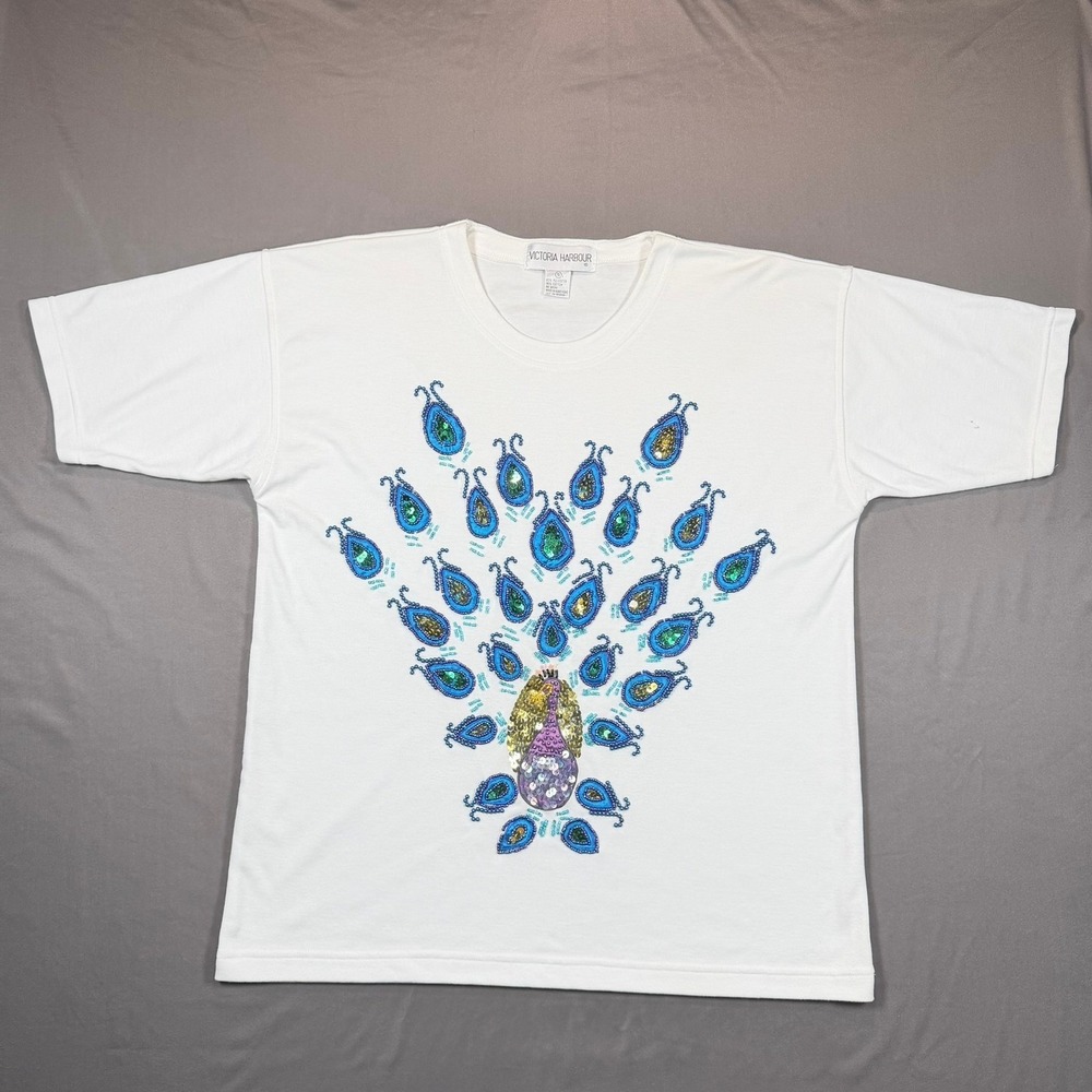 VTG Victoria Harbour Peacock Sequin Beaded Shirt Small AS‎ IS Sleeve Mark Retro